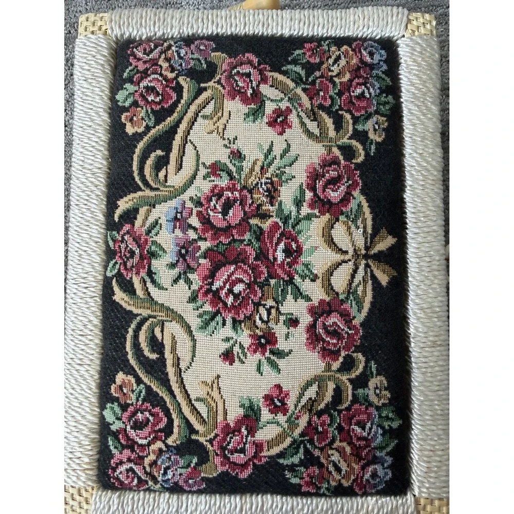 Vintage Wicker Sewing Basket Floral Tapestry Padded Lid Woven Craft Box Gold